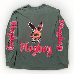 Playboy Pacsun Mens Long Sleeve Graphic Bunny T Shirt Flames XL Green Cotton